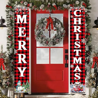Christmas Decorations Outdoor Yard: Large Red Black Front Porch Sign, Buffalo Plaid Xmas Door Banner, Hanging Merry Christmas Decor for Home School Office Indoor Wall Garage Yard Outside