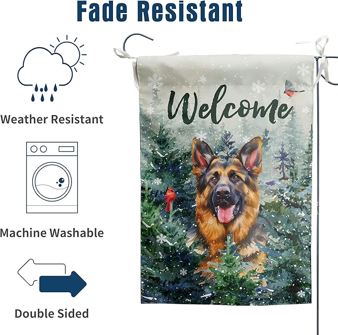 Welcome Winter Garden Flags German Shepherd Garden Flag Cardinal Birds on Snowy Pine Tree Flag Dog Yard Flags for Outside 12x18 Double Sided Christmas Decorative