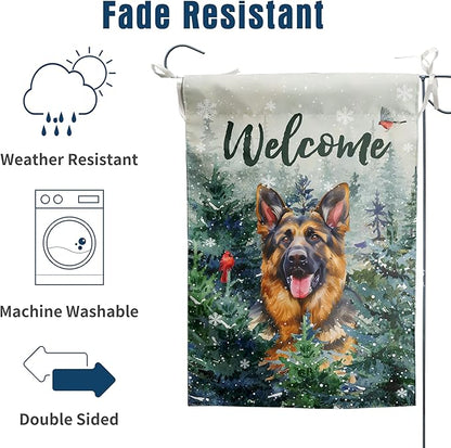 Welcome Winter Garden Flags German Shepherd Garden Flag Cardinal Birds on Snowy Pine Tree Flag Dog Yard Flags for Outside 12x18 Double Sided Christmas Decorative