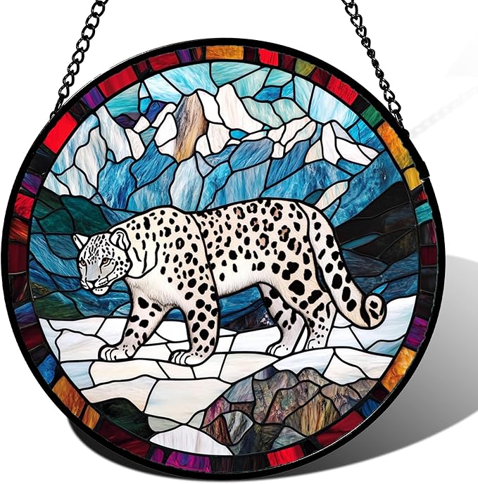 CHATYOUNG Stained Glass Window Hanging Mountain Snow Leopard Large 15" - Fine Retro Suncatcher Door Garden Sunroom Sun Catcher Home Decor Father's Day Birthday Christmas for Mom Woman Men Father