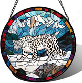 CHATYOUNG Stained Glass Window Hanging Mountain Snow Leopard Large 11.8" - Fine Retro Suncatcher Door Garden Sunroom Sun Catcher Home Decor Father's Day Birthday Christmas for Mom Woman Men Father