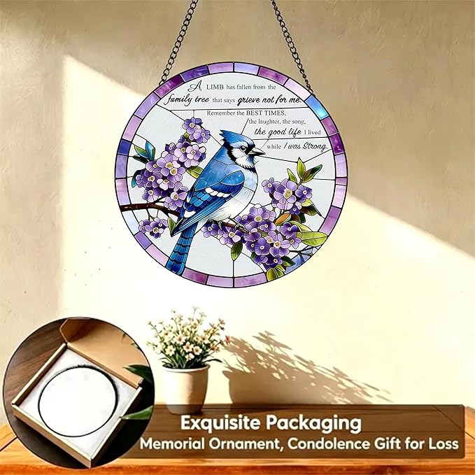 Stained Glass Window Hanging 7.8 in Memorial Ornaments with Poem Sympathy Gifts for Loss of Loved One Sun Catchers Indoor Window Bird Ornaments Suncatcher Decor