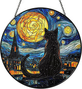 Black Cat Stained Glass Suncatcher Window Hanging Decor for Garden, Suncatcher Panel Ornament Decorations, Memorial Gifts for Cat Lovers, Women Pet Loss Sympathy Gift for Window Living Room Garden