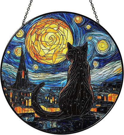 Black Cat Stained Glass Suncatcher Window Hanging Decor for Garden, Suncatcher Panel Ornament Decorations, Memorial Gifts for Cat Lovers, Women Pet Loss Sympathy Gift for Window Living Room Garden