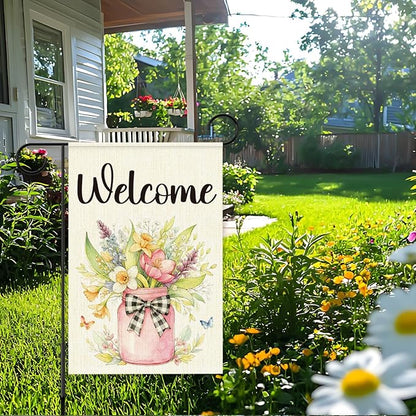 Welcome Spring Garden Flag for Outside,Mason Jar Spring Flowers Garden Flag Yard Lawn Porch Flags for Outdoor Decorations 12x18 Inch Double Sided