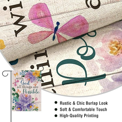 Artofy with God All Things are Possible Christian Small Decorative Garden Flag, Spring Summer Religious Purple Peony Flower Yard Outside Decor, Inspirational Farmhouse Outdoor Home Decoration 12 x 18