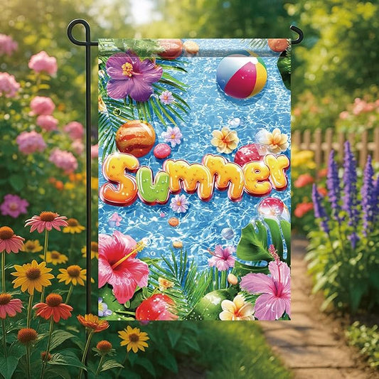 Summer Garden Flag 12x18 Inch Colorful Summer Pool Tropical Flowers Beach Ball Water Design Outdoor Yard Porch Lawn Patio for Seasonal Coastal Home Decor