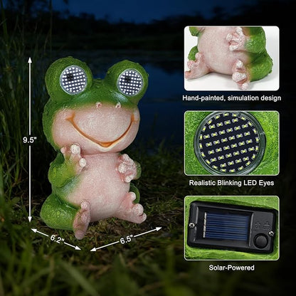 Solar Frog Garden Statue with LED Blinking Moving Eyes, Resin Solar Powered Outdoor Frog Decor, IP65 Waterproof Frog Statue for Garden Yard Patio Lawn Porch, Funny Garden Gift for Mom