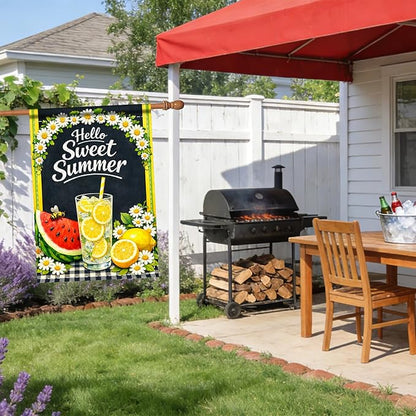 Nuxovilar Large Summer Garden Flag Hello Sweet Summer Lemon Watermelon Daisy Pattern Polyester 28×40 Inches Garden Flags for Outside Seasonal Decor Yard Porch Lawn