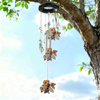 HDCRYSTALGIFTS 27'' Bees Flowers Wind Chimes for Outside Memorial Gifts for Loss of Loved One Mom Dad, Sympathy Chimes Outdoor Garden Patio Home Decor