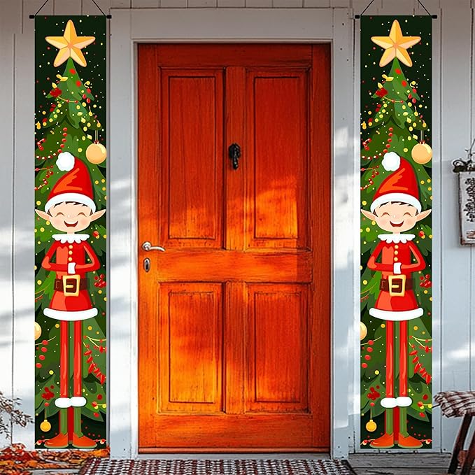 BlissYard Christmas Elf Door Banner 71x12 inch Christmas Tree Hanging Porch Banner Cute Holiday Decorations for Kids Front Door Xmas Party Fireplace Entryway Wall Decor Outdoor Sign