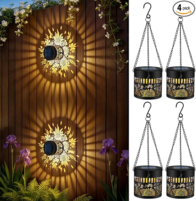 4 Pack Solar Lanterns Outdoor Waterproof, Sunflower Solar Garden Decor Gifts for Women Mom Grandma, Hanging Solar Fence Lights Metal Decorations Outside for Yard, Patio, Backyard, Porch