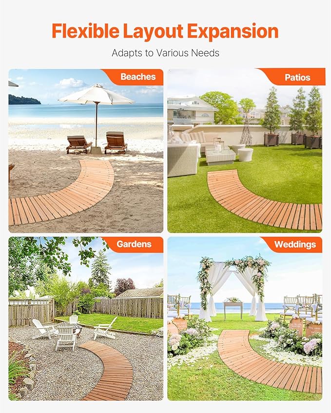 Happybuy Wooden Garden Pathway, 8 ft x 17 in, Non-Slip Curved Walkway. Roll Out Cedar Outdoor Path with Wire Rope Connection. Decorative for Backyard Boardwalk Wedding Party.