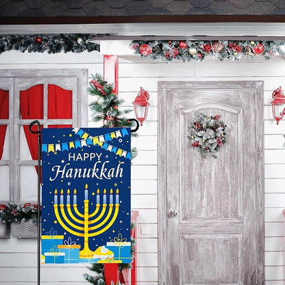 Happy Hanukkah Garden Flags 12 x 18 Inch Double Sided Jewish Holiday Menorah Star Candles Yard Flag for December Hanukkah Outdoor Decorations for Outside garden yard