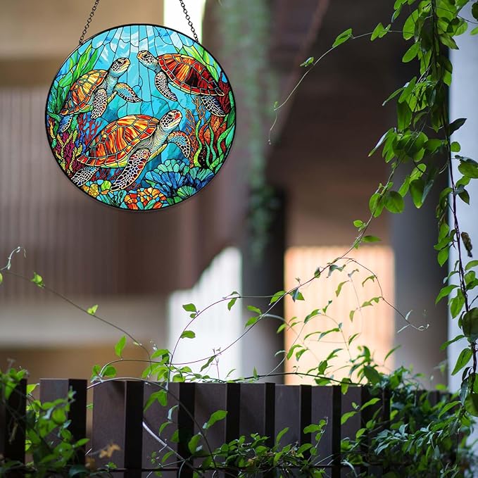 Sea Turtle Stained Glass SunCatcher Window Hanging Sea Turtle Gifts for Women Handmade Sun Catcher Decoration for Home Decor Gifts for Ocean Lover Sea Life Decor 7.87inch