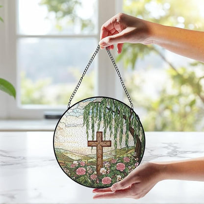 Stained Glass Cross Pink Roses Suncatcher Window Hanging, Easter Faith Christian Gifts Religious Home Decor, Weeping Willow Tree Wildflowers Stained Glass Decor for Friend, 7.9x7.9in