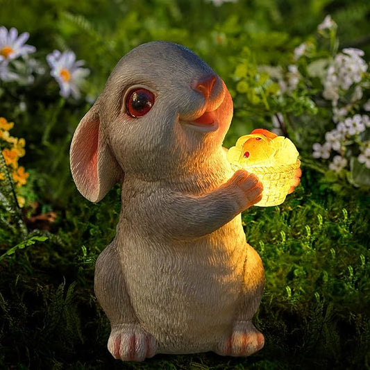 Solar Rabbit Garden Statues Outdoor Decor Resin Bunny Figurine Holding Mushroom with LED Lights for Porch Patio Lawn Yard Christmas Housewarming Gardening Gifts for Mom Grandma