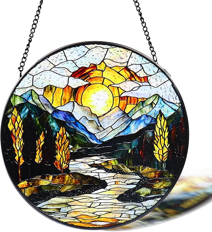 Stained Glass Window Hanging, 8 in Sunset Mountains Lake Tree Sun Catchers, Diamond Glass Panel Landscape Suncatcher for Home Decor - Gift for Bird Lovers Women Mother's Day Christmas
