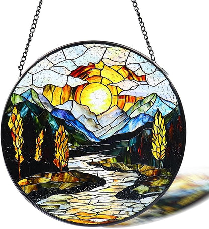 Stained Glass Window Hanging, 8 in Sunset Mountains Lake Tree Sun Catchers, Diamond Glass Panel Landscape Suncatcher for Home Decor - Gift for Bird Lovers Women Mother's Day Christmas