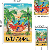 Welcome Summer Parrot Bird Decorative House Flag, Beach Coastal Tropical Palm Tree Garden Yard Outside Decorations, Hawaii Sunset Nautical Seasonal Outdoor Large Home Decor Double Sided 28 x 40