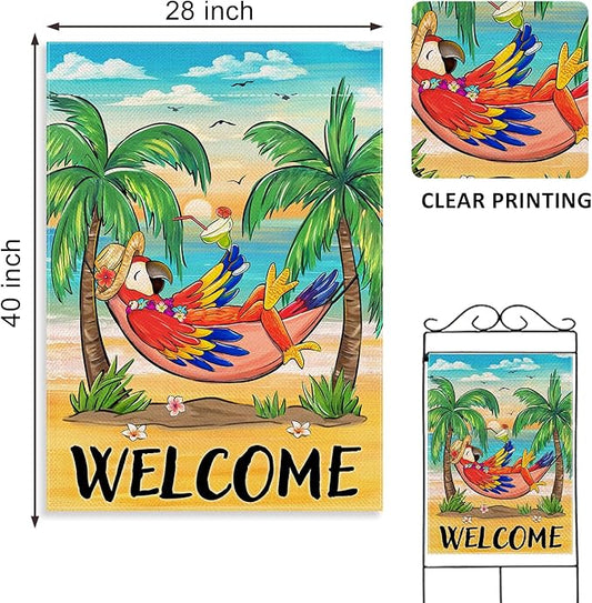 Welcome Summer Parrot Bird Decorative House Flag, Beach Coastal Tropical Palm Tree Garden Yard Outside Decorations, Hawaii Sunset Nautical Seasonal Outdoor Large Home Decor Double Sided 28 x 40