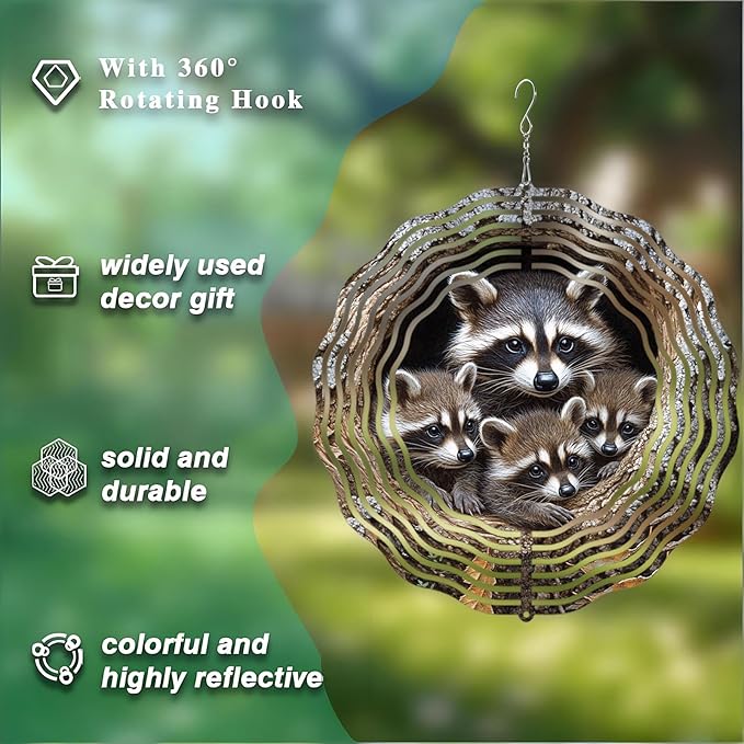10 Inch Raccoon Wind Spinner, 3D Metal Hanging Kinetic Wind Rustproof Sculpture Gift for Garden Yard Art Balcony Window Porch Outdoor Decor, Women Mom Mothers Day