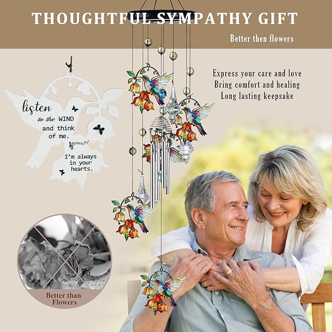 HDCRYSTALGIFTS Hummingbird Wind Chimes for Outside, 27'' Memorial Windchimes Outdoors, Hummingbirds Gifts for Women, Metal Chimes Window Garden/Yard Decor, Memorial/Birthday Gifts for Grandma/Mom