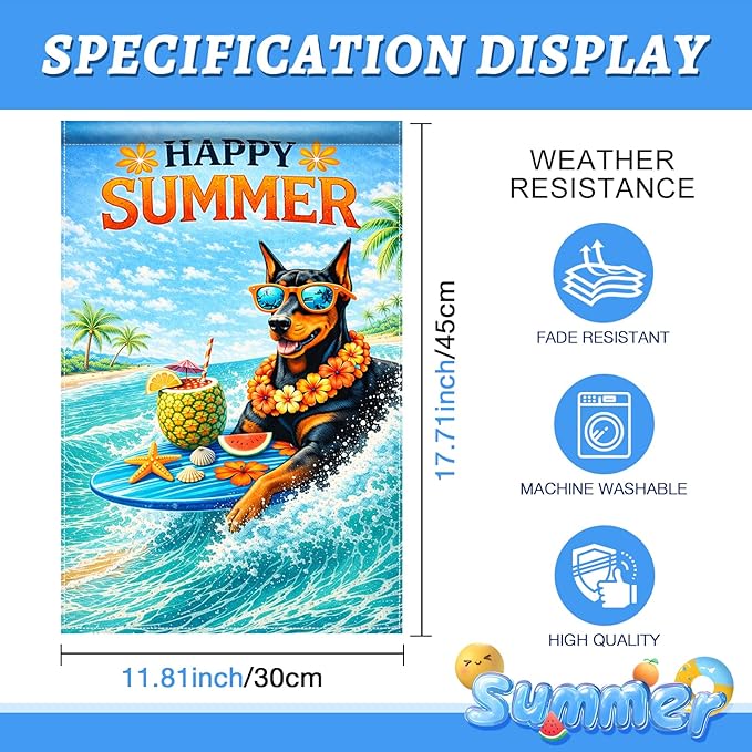 BlissYard Happy Summer Doberman Garden Flag 12x18 Double Sided Vertical Outdoor Decor Surfing Dog Tropical Beach Yard Garden Lawn Patio Banner