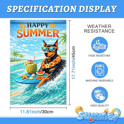 BlissYard Happy Summer Doberman Garden Flag 12x18 Double Sided Vertical Outdoor Decor Surfing Dog Tropical Beach Yard Garden Lawn Patio Banner