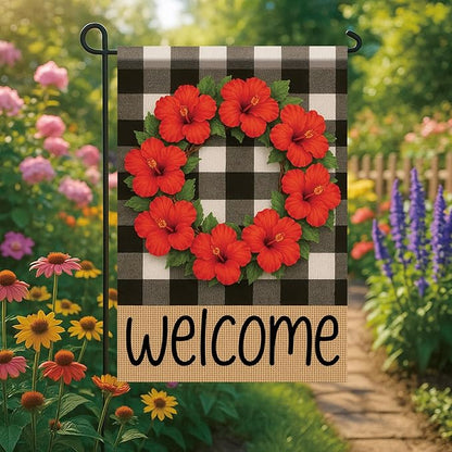 Buffalo Plaid Welcome Wreath Garden Flag Red Hibiscus Flower Red Floral Flag 12x18 Double Sided Tropical Floral Yard Decor for Spring Summer Outdoor Porch Patio Lawn Farmhouse