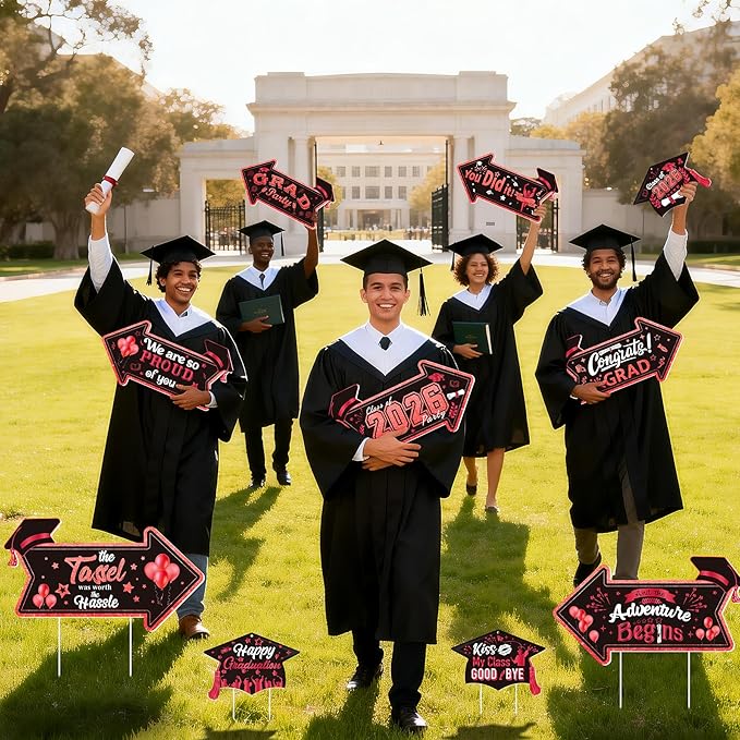 Class of 2026 Graduation Yard Sign Arrow for Outdoor Pathway,Graduation Cap Hanging Yard Signs,Black Red This Way Yard Signs with Stakes Ribbon,Graduation Party Decor for College High School