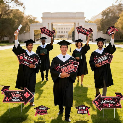 Class of 2026 Graduation Yard Sign Arrow for Outdoor Pathway,Graduation Cap Hanging Yard Signs,Black Red This Way Yard Signs with Stakes Ribbon,Graduation Party Decor for College High School