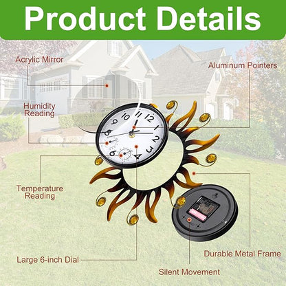 Outable Sun Outdoor Clock Silent No-Ticking Outdoor Clocks Waterproof Decorative Outdoor Clock Thermometer Combo for Patio Garden Outside Decor 13 Inch