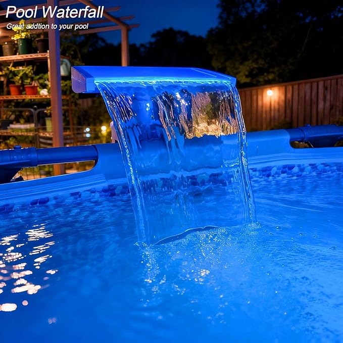 Pool Waterfall Creating Soothing White Noise Sound, Pool Waterfall with Relaxing Sound for Above Ground Pools, Peaceful and Soothing on Hot Days, 7 Colors LED Lights