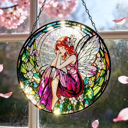 Flower Fairies Stained Glass Window Hanging,Suncatcher Hanging Decor for Indoor Outdoor Windows Yard Garden Decor Home Decorations Wall Art, Gift for Girls Mom Grandma Teacher