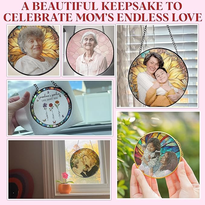 Personalized Stained Glass Suncatcher for Mom, Custom Stained Glass Mothers Day, Customize Mom Suncatcher for Window, Mothers Day Ideal Gift for Family from Grandkids on Mother Day Birthday Christmas