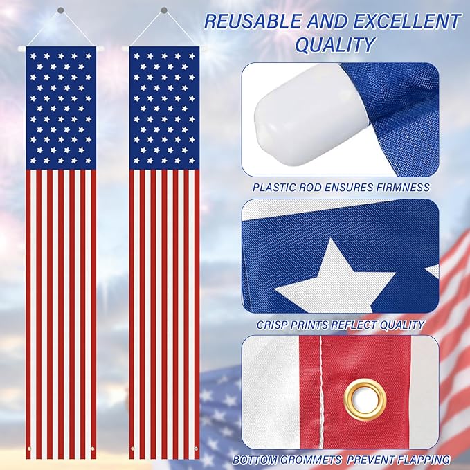 Babycop 4th of July Decorations Outdoor – Patriotic American Flag Porch Banners (2 Pcs) – Red White Blue Hanging Signs for July Fourth, Memorial Day, Veterans Day, Independence Day Yard Decor