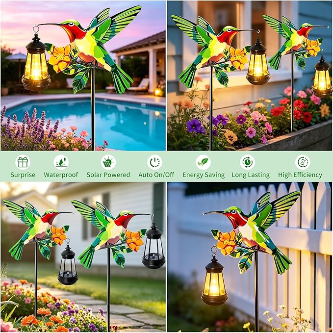 2 Pack Solar Lights Outdoor Waterproof Hummingbird Decorative, 29in Metal Hummingbird Garden Stakes with Solar Lanterns for Yard Art Outside Patio Porch Lawn, Gifts for Women Mom Grandma Mother's Day