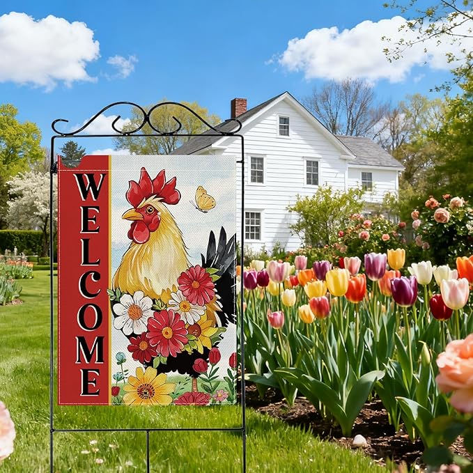 Dyrenson Welcome Spring Summer Rooster 28 x 40 House Flag Double Sided, Farm Animal Daisy Flower Red Garden Yard Decoration, Farmhouse Butterfly Burlap Outdoor Decor Decorative Large Flag