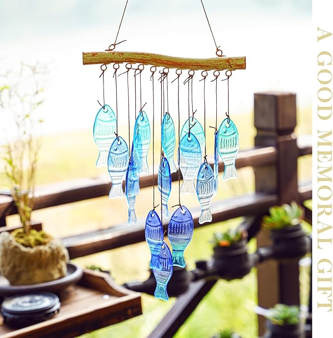 H&D HYALINE & DORA 23" Blue Glass Sea Wind Chimes - Handcrafted Fish Wind Chimes for Outside, Beach Party & Wedding Decor