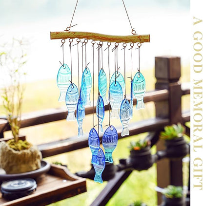 H&D HYALINE & DORA 23" Blue Glass Sea Wind Chimes - Handcrafted Fish Wind Chimes for Outside, Beach Party & Wedding Decor