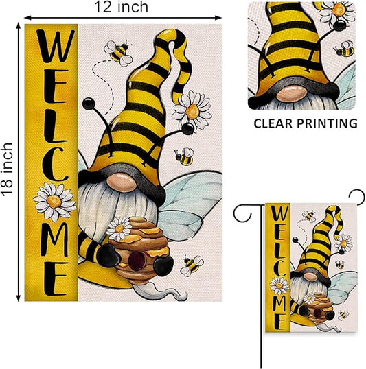 Welcome Spring Summer Bumble Bee Gnome Decorative Garden Flag, Honeycomb Daisy Flower Spring Yard Outside Decorations, Burlap Farmhouse Outdoor Small Home Decor Double Sided 12 x 18