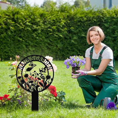 Personalized Metal Garden Signs with Stake, Custom Garden Signs for Outside Waterproof, Customized Name Sign Yard Lawn Gardens Decor Gardening Gifts for Moms Grandmas Gardeners
