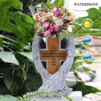 Grave Decorations for Cemetery， Heaven Angel Wing Cross, Graveyard Decorations, Vase with Solar LED Lamp, Resin Decorated Bereavement Statue, Gift in Memory of Relatives (White)