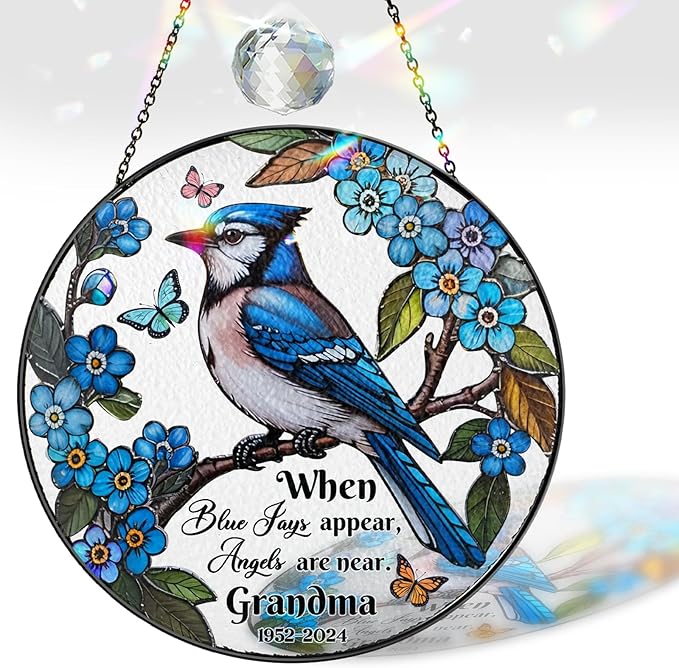 Personalized Blue Jay Bird Stained Glass Suncatcher, In Loving Memorial Name Bird Memorial Suncatcher Window Hanging Mothers Day Blue Jay Appear Angels are Near, Sympathy Gifts for Mom, Grandma, Women