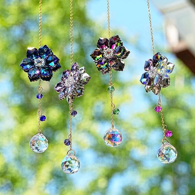 HDCRYSTALGIFTS 4pcs Crystal Flower Suncatchers for Window Hanging Christmas Tree Ornaments, Rainbow Maker Crystal Sun Catchers Indoor Window Outdoor Patio Garden Decor Gifts (1.7 * 10inch,Multicolor)