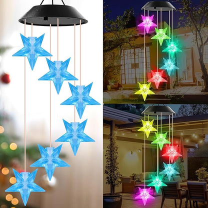 Blue Star Solar Wind Chime Outdoor Color Changing Crystal Star Solar Light Gifts for Women Waterproof LED Wind Chime Garden Decor Solar Powered Windchimes Unique Chiristmas Gifts