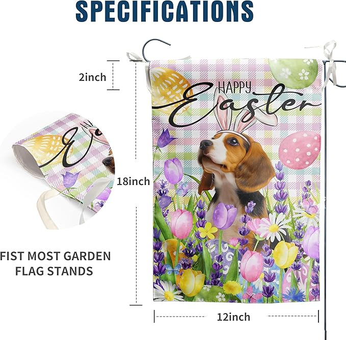 Happy Easter Dog Garden Flag Beagle Spring Flags Buffalo Plaid Bunny Eggs Yard Flag for Outside 12x18 Double Sided Small Decorative Floral Outdoor Flag