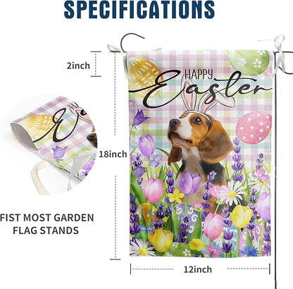 Happy Easter Dog Garden Flag Beagle Spring Flags Buffalo Plaid Bunny Eggs Yard Flag for Outside 12x18 Double Sided Small Decorative Floral Outdoor Flag