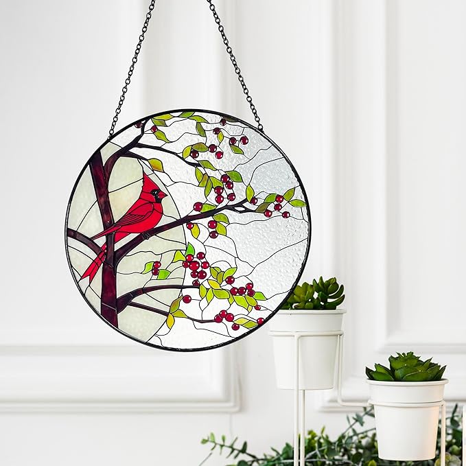 Stained Glass Window Hanging Sun Catcher 11.8”- Cardinal in Full Moon Stained Glass Suncatcher, Red Berry Tree, Nature, Indoor Decor, Wall Art, Gifts for Women
